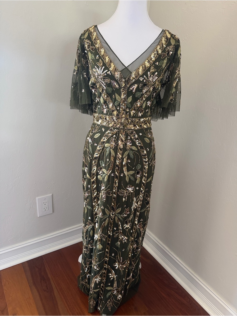 Adrianna Papell Olive Green Maxi Gown with Gold Beading - sold out - Picture 2 of 16